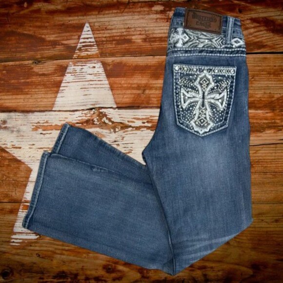 Westfield Eagle Distressed Embellished Bling Cross Pocket Women's Denim Jeans 7 - Picture 1 of 13